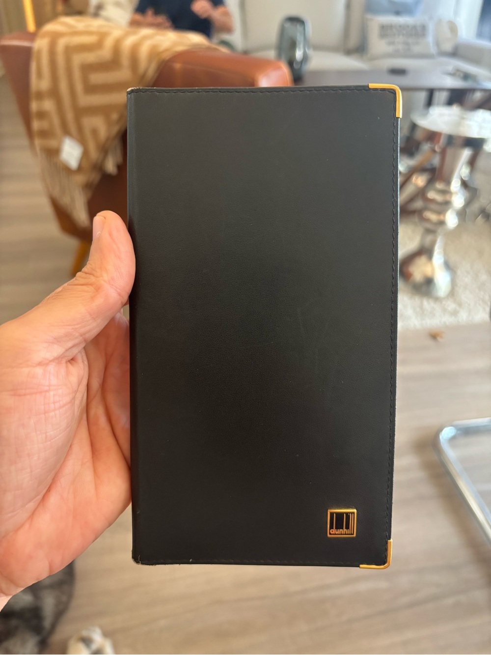 Authentic Dunhill Black Leather Tall Wallet with Gold Accents